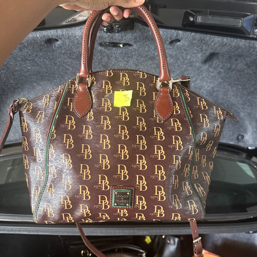 Dooney & Bourke Brown Monogram Satchel with Gold Logo